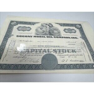Socony Mobil Oil Company, Inc Capital Stock Certificate 100 Shares 1963